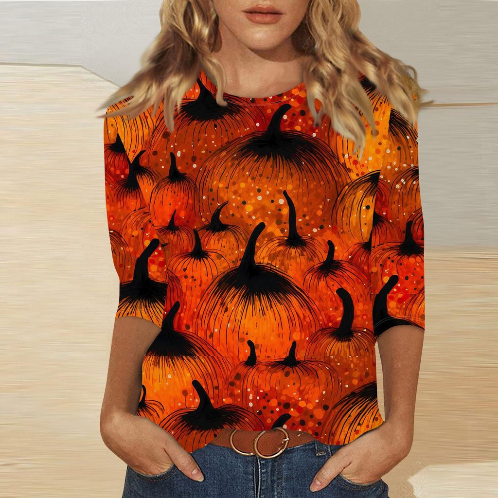 Women's Halloween Printed Round Neck Top With Three Quarter Sleeves T Shirt Casual Top