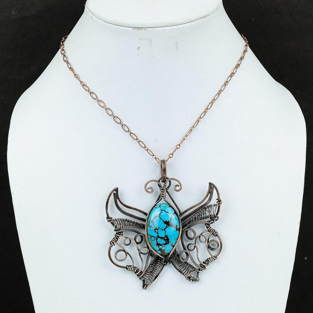 Подвеска из тибетской бирюзы, обернутая медной проволокой, подвеска ручной работы из меди, подвеска в виде бабочки, подвеска из настоящего драгоценного камня, украшения в технике wire wrapping