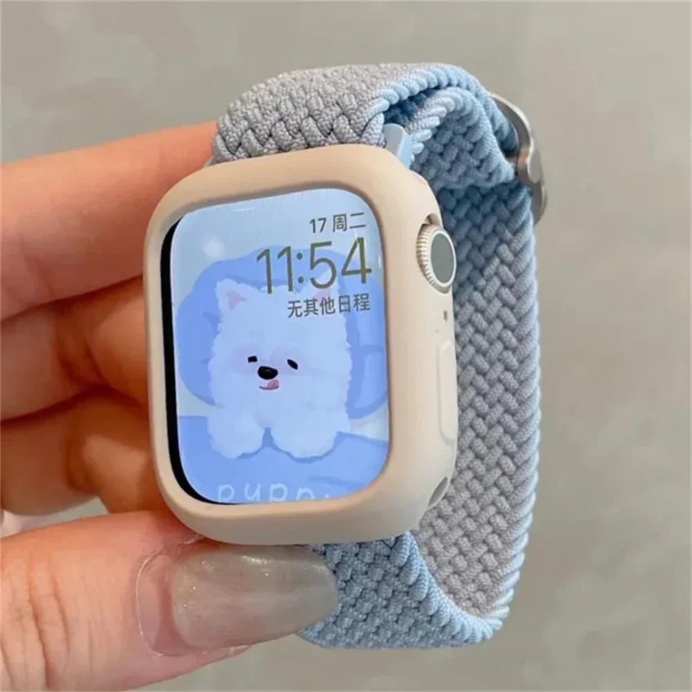 Корейский милый плетеный ремешок + Чехол для Apple Watch Band 49мм 46мм 45 44 38 42 Нейлоновый браслет для iWatch Series 10 9 8 7 6 5 4 3 SE