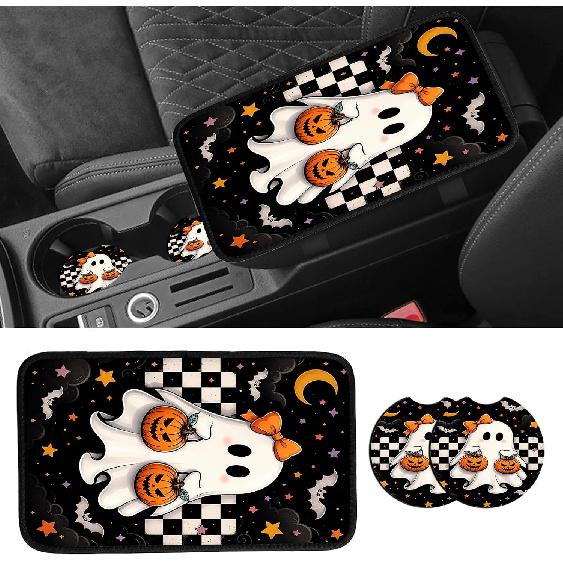 Wildflowers Car Armrest Cover with 2 Coasters | 3-piece 5 mm neoprene set with one 12.6 x 7.5 in console cushion and two 2.75 in matching cup holder