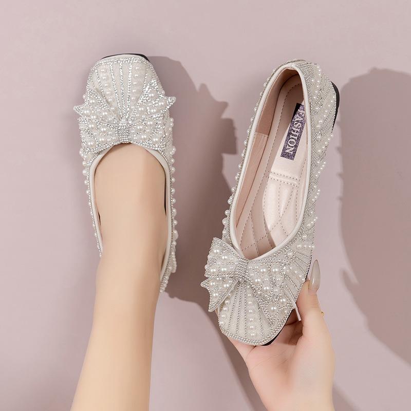 Flat-bottomed Pearl Bow Single Shoes Women's New Temperament Soft-soled Lazy One-pedal Ladyshoes