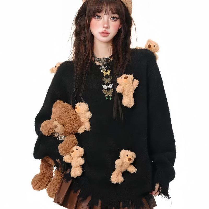 Милый и ленивый свитер женский с медвежьими аксессуарами, мягкий и восковой, осенне-зимний, свободный, с длинным рукавом, вязаный свитер-топ, женская одежда