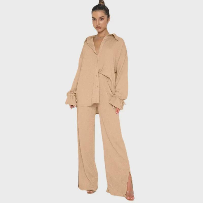 Европейский и американский однотонный топ с длинными рукавами, лацканами, завязкой и брюками на осень/зиму