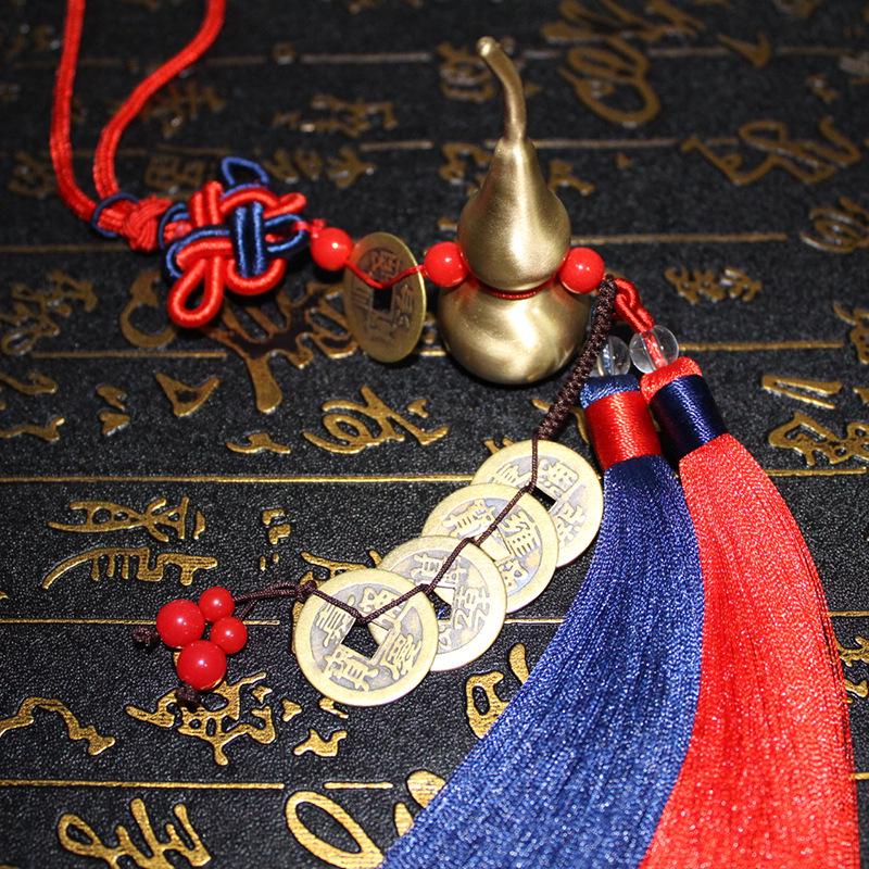 Retro Brass Gourd Car Pendant with Five Emperors Coins - Pure Copper Ornament for Storing Sutras