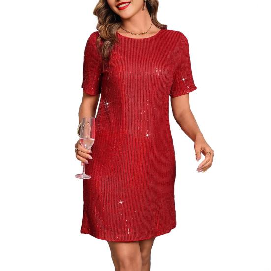 Женское платье с круглым вырезом и пайетками, сексуальное мини-платье с короткими рукавами, блестящее свободное коктейльное платье для вечеринок и клуба