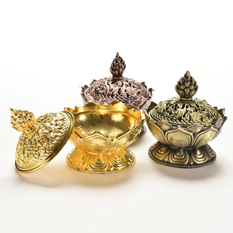 Tibet Collect Bronze Auspicious Lotus Shape Statue Box Incense Burner Censer