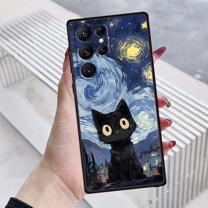 Милая мультяшная кошка Иллюстрация Чехол для телефона Для Samsung Galaxy S26 S25 S24 S23 S22 S21 S20 Ultra Plus FE 5G Черный Мягкий ТПУ