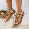 Large Size Rhinestone Flip-flop Toe Platform Sandals Women's Foreign Trade Ethnic Style Elastic Band Beaded Beach Cool Slippers