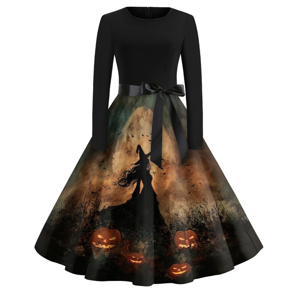 Women's Casual Long Sleeve Vintage Dress Halloween Printed Round Neck A-Line Midi Dress with Waist Tie Belt Retro Style