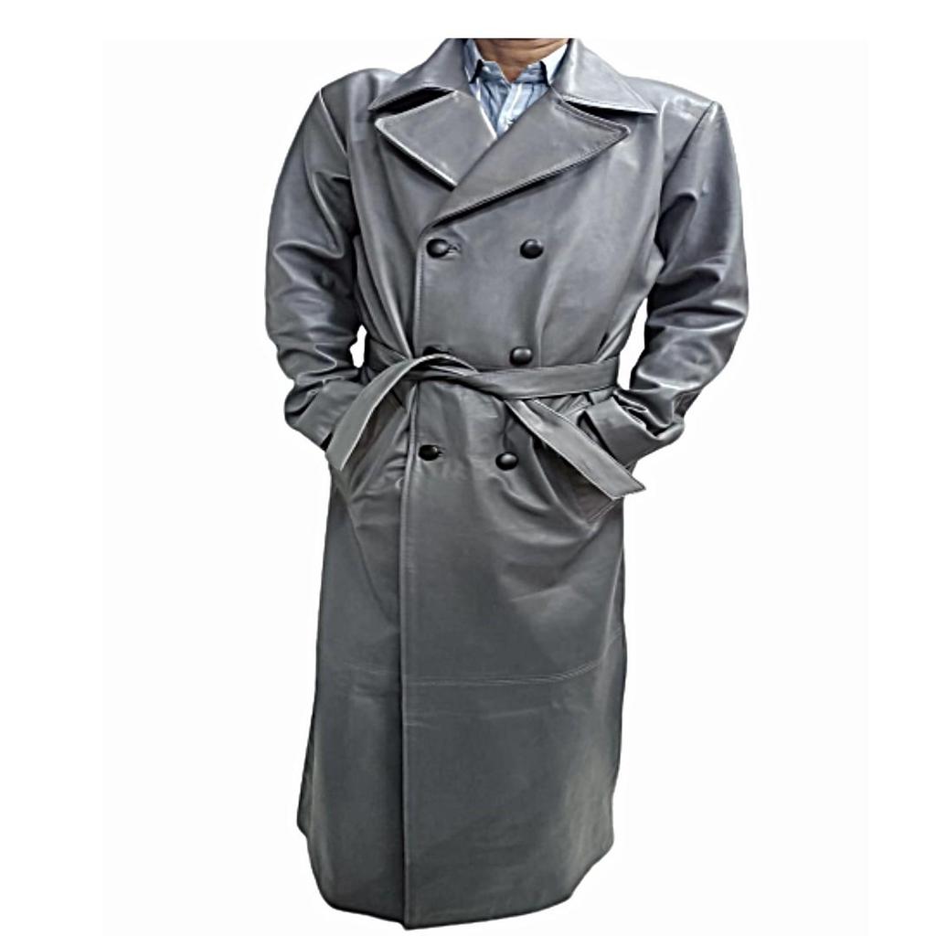 Мужская серая кожа из натуральной коровьей кожи, двубортный стиль, ремень воскового загара, длинная уличная одежда, плащ, длинный стильный плащ, подарок для мужчин