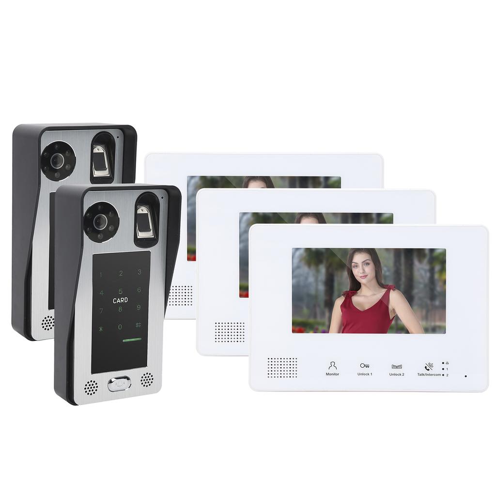 2-Wire Video Intercom 7in 3 Monitors 2 Cameras Fingerprint Password IC Card Night Vision Doorbell