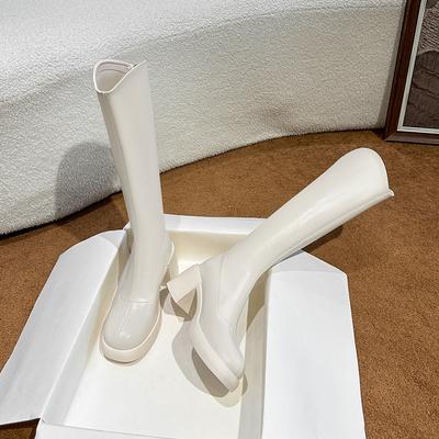 Белые сапоги женские 2025 осень и зима новые V-образный вырез высокие каблуки, но сапоги до колена на толстой подошве эластичные сапоги сапоги рыцаря женские