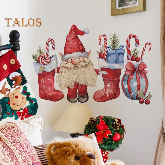 1 Sheet Christmas Wall Sticker Gnome Elf Stocking Candy Cane Gift Bag Waterproof PVC Self-adhesive Living Room Bedroom Holiday Wall Art Decoration