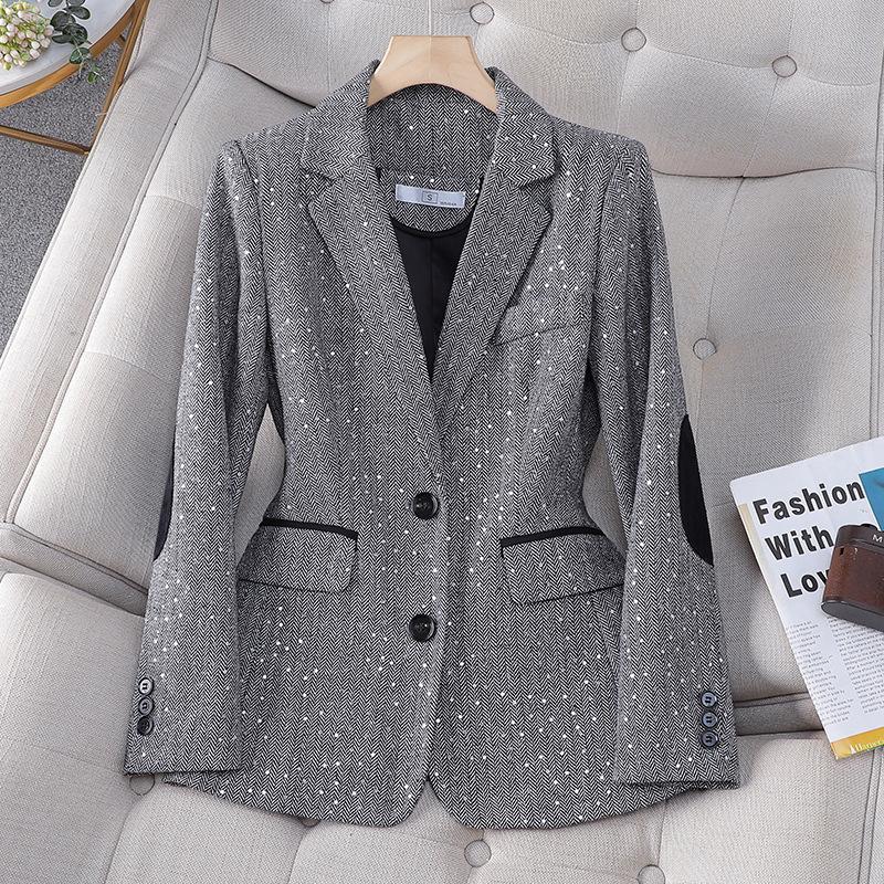 Sequined Spring and Autumn Jacket Women's Suit Women's Jacket Korean Version of Houndstooth Plaid Women's Small Suit Jacket