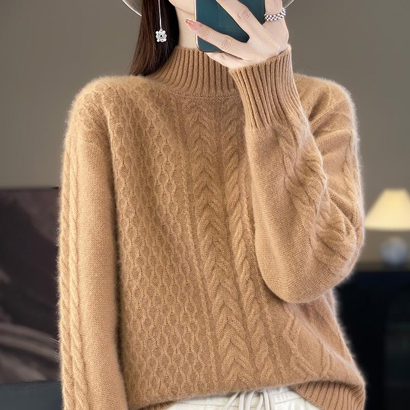 Утолщенный свитер с полувысоким воротником и узором «скрученный цветок» для женщин на осень и зиму. Новый свободный и универсальный кашемировый вязаный свитер, базовая рубашка.