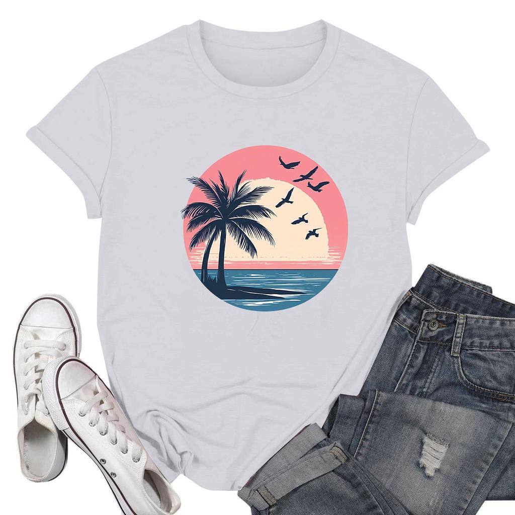 Women's Fashion Casual Printed Short Sleeve Round Neck Pullover Tops