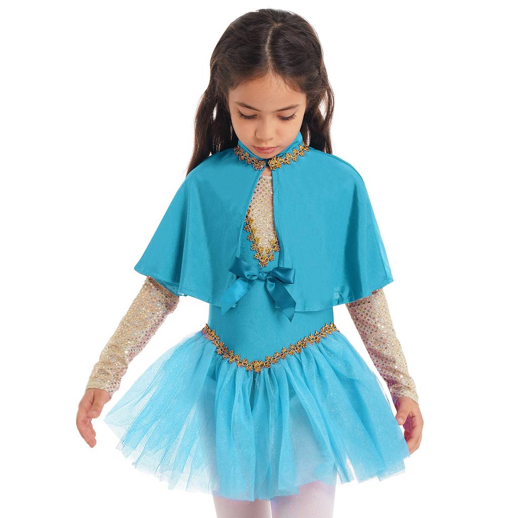 Girls Halloween Showman Costume Sleeveless Sequin Bowknot Glitters Mesh Leotard Dress Cape Arm Sleeves Set
