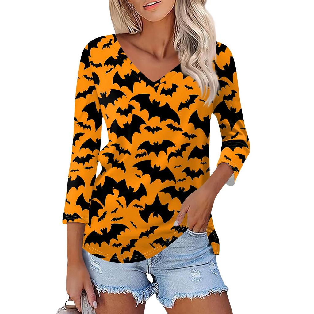 Shirt For Women's Fashion Casual V Neck 3/4 Sleeve Loose Halloween Printed T-Shirt Ladies Top