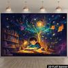 2D Flat Banner, Dreamy Learning Theme Backdrop, Starry Glowing Knowledge Tree, Sticky Notes, Star Decorations, Polyester