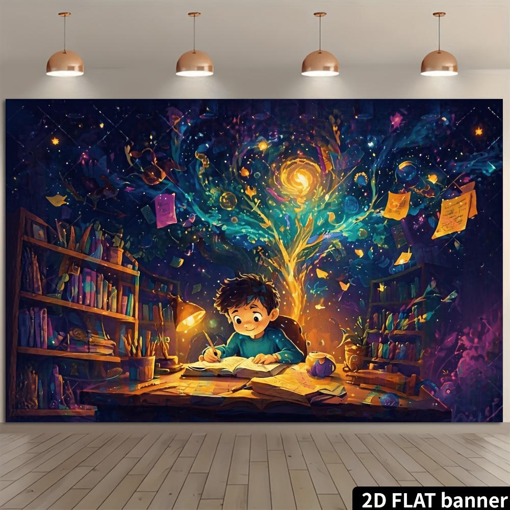 2D Flat Banner, Dreamy Learning Theme Backdrop, Starry Glowing Knowledge Tree, Sticky Notes, Star Decorations, Polyester