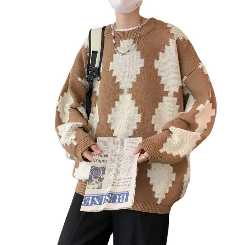 Джемпер с круглым вырезом в цветных блоках для мальчиков на осень и зиму, свободный и универсальный свитер с ромбами, модный универсальный вязаный свитер для пары