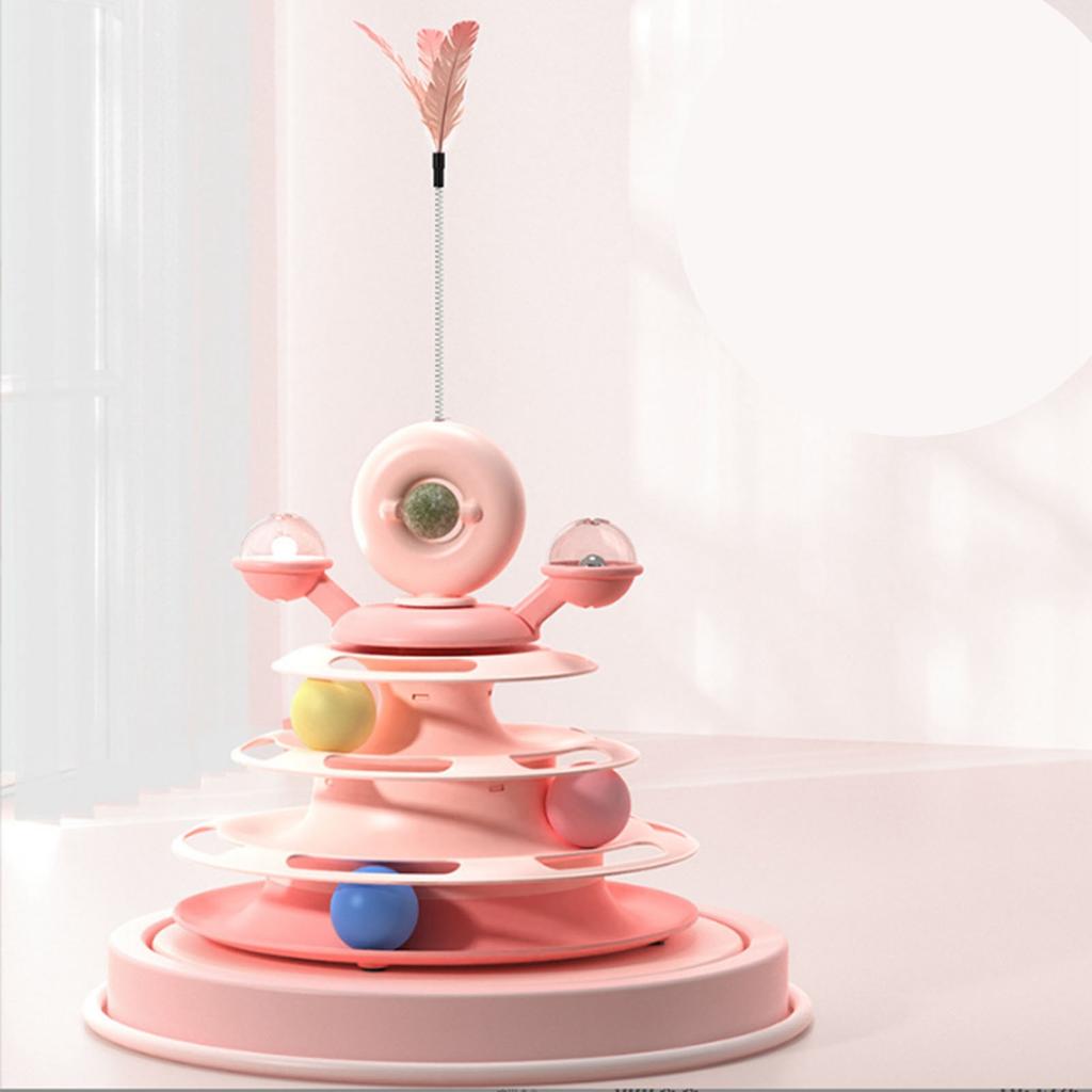 Cat Ball Tower Toy with Feather Catnip 4 Layer Rail Pet Turntable Game for Exercise Purple