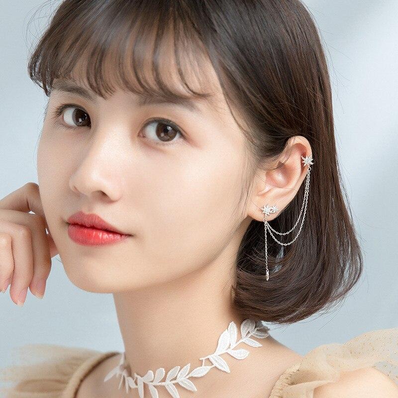 Настоящее серебро 925 пробы, циркон, снежинка, серьги-клипсы, серьги-клипсы с одной звездой и двойной цепочкой, серьги-манжеты с кисточками для женщин, подарок