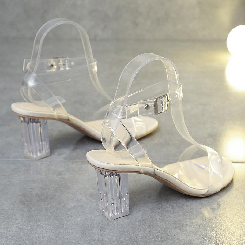 Мода 2024 Новые Прозрачные Каблуки Женские Летние Хрустальные Босоножки на Высоком Каблуке Односложные с Пряжкой Сексуальные Большого Размера Белые Туфли для Вечеринки 35-42