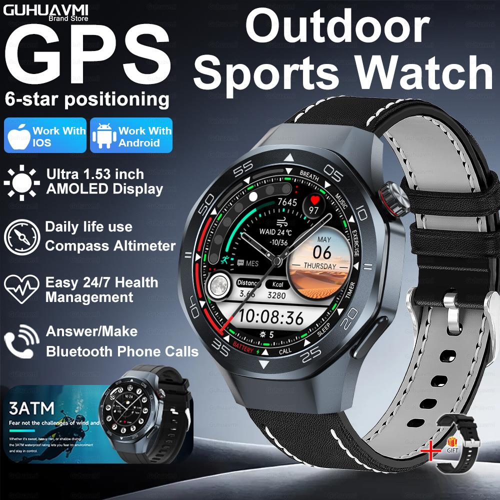 Новые умные часы с GPS-позиционированием для мужчин, 1,53-дюймовый AMOLED HD-экран, компас, датчик сердечного ритма, водонепроницаемость 3ATM, звонки, спортивные, деловые умные часы