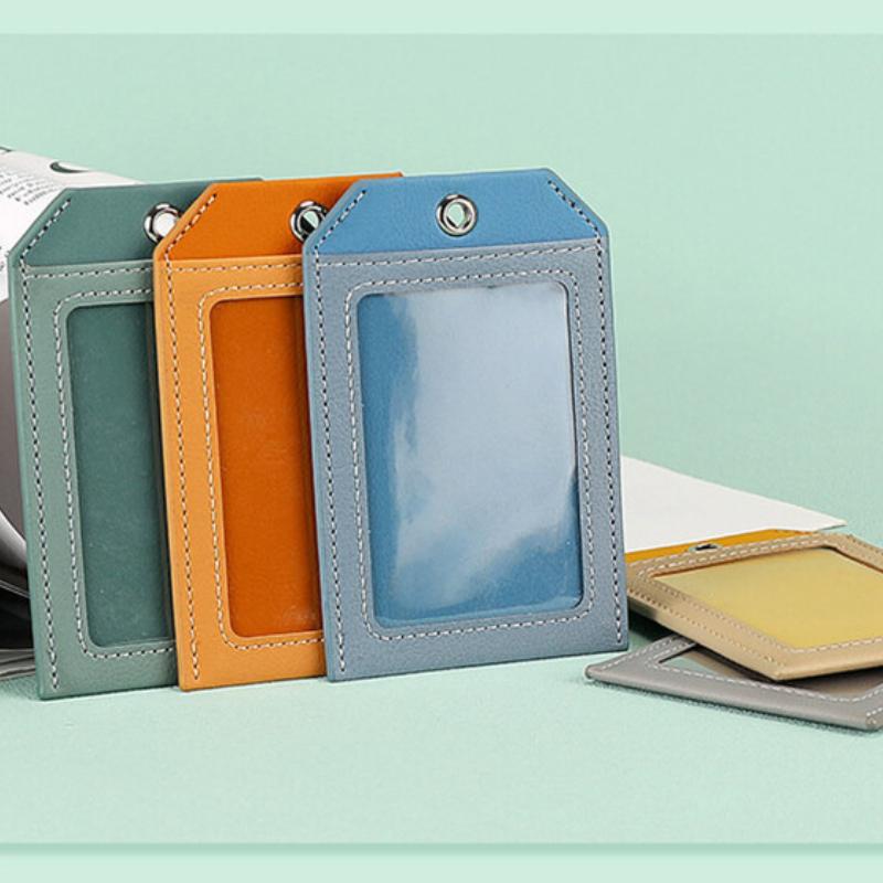 2 Card Slot Employee Work ID Card Set Hanging Rope PU Leather Bus Meal Card Chest Badge