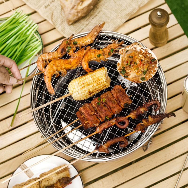 Outdoor round Grill 3-layer charcoal BBQ stainless steel folding grill for picnic camping 2-3 people barbecue grills