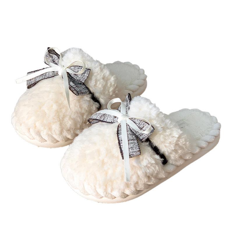 Новые хлопковые тапочки с бантом, зимние, для дома, для пола, нескользящие, плюшевые, с закрытым носком, теплая обувь