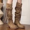 2025 Spring and Autumn Retro Wasteland Wind Fringed Knight Boots Thick Heel But Knee Long Boots Skinny Pile Medium Boots Women