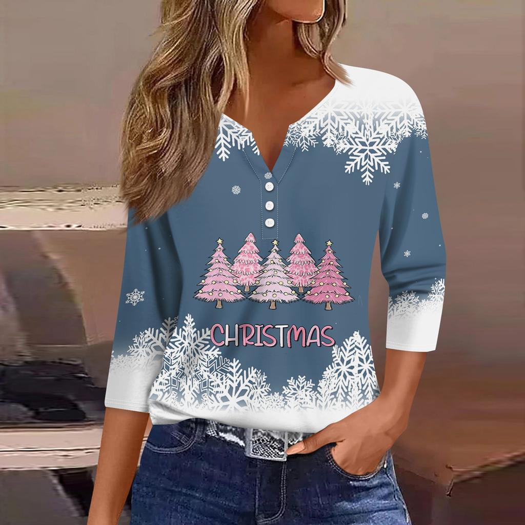 Women's T Shirt Tee Print Button 3/4 Sleeve Daily Weekend Fashion Basic V- Neck Regular Top