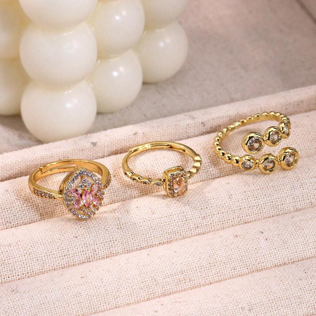 Розовый цирконий Нержавеющая сталь Кольцо для женщин Позолоченное 18K Не тускнеющее Открытое кольцо Свадебные украшения Аксессуары для выпускного Новогодний подарок