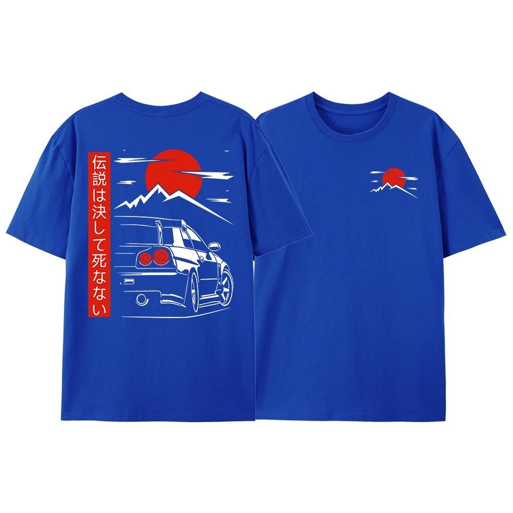 2025 New Japanese Style Car Printed Round Neck Tshirt for Mens Street Large Casual Cotton Outdoor Hip Hop Short Sleeve