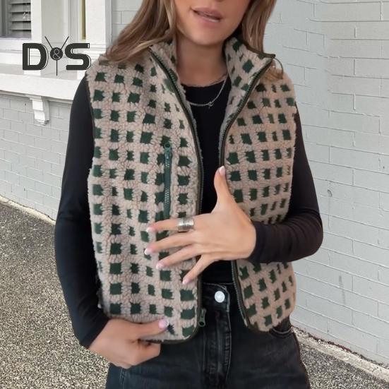 Women Vest Jacket Stand-up Collar Contrast Color Sleeveless Checked Pattern Cardigan Waistcoat Zipper Closure Daily Outdoor Outerwear