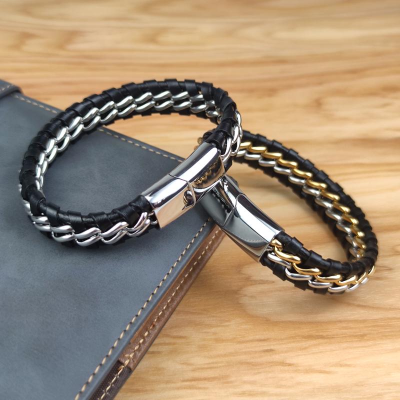 Genuine Leather Chain Bracelet For Men Magnetic Stainless Steel Clasp In Black Silver Gold Exclusive Jewellery Great Gift Idea