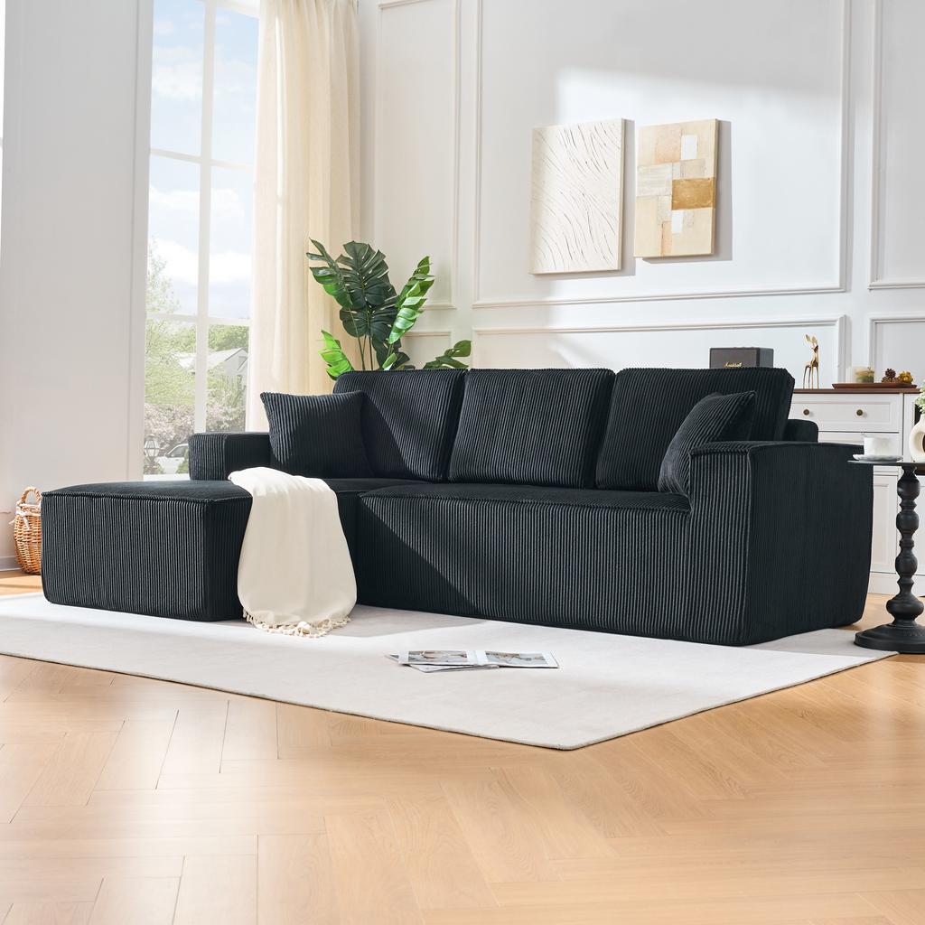 Fully compressed L-shaped corduroy sofa, 2-person seating group + chaise longue corner, soft high-density foam padding, for living room, Black