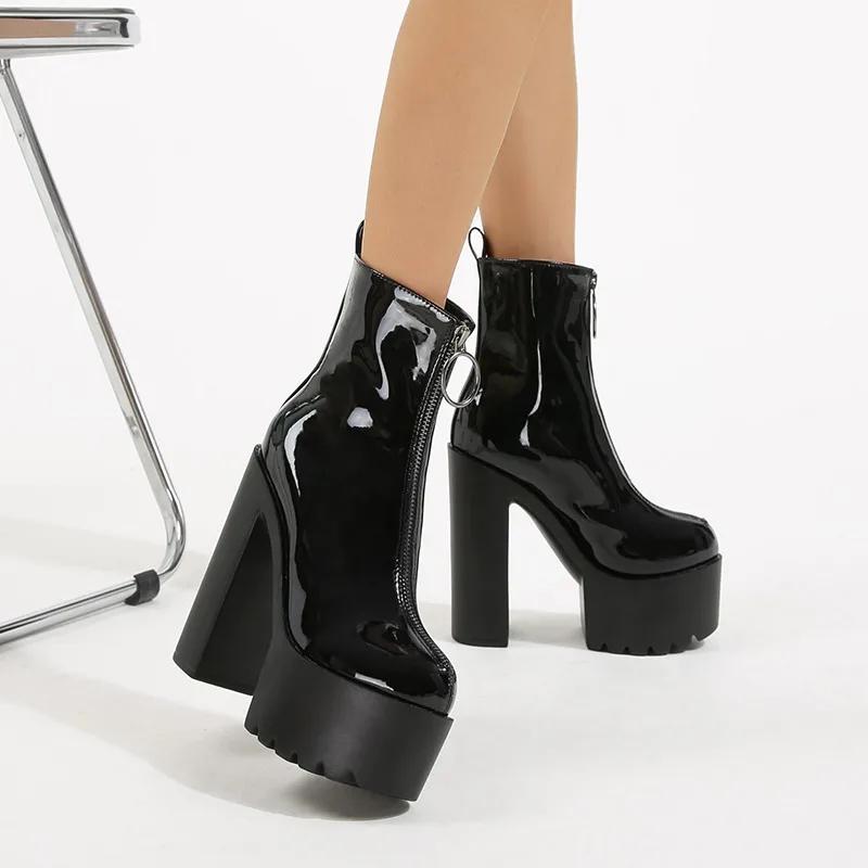 Осенние женские ботильоны на высоком каблуке в стиле Ins 2024 года, новые модные ботильоны из искусственной кожи с застежкой-молнией, однотонные, на толстой подошве, Botas Mujer