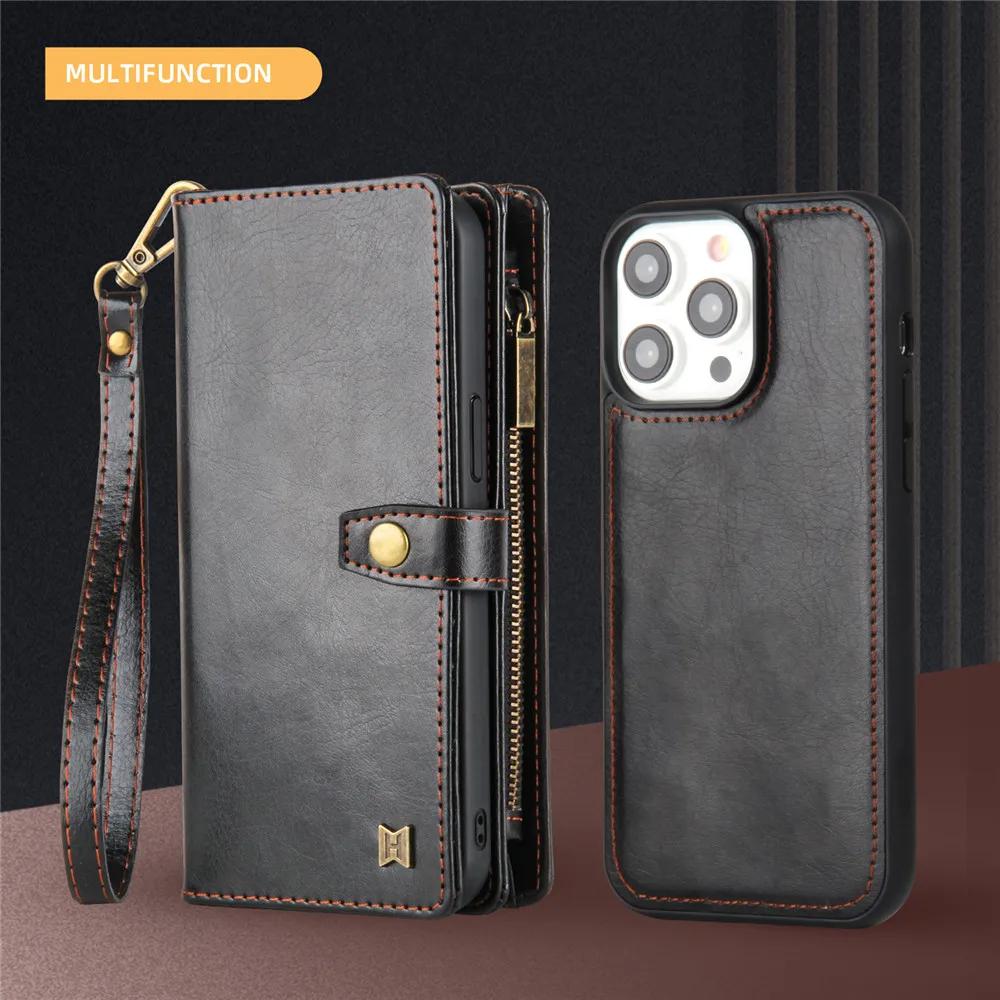 2 in 1 Detachable Cards Solt Zipper Purse Wallet Case For iPhone 16 Pro Max 15 14 Plus 13 12 11 XS X Magnetic Flip Leather Case