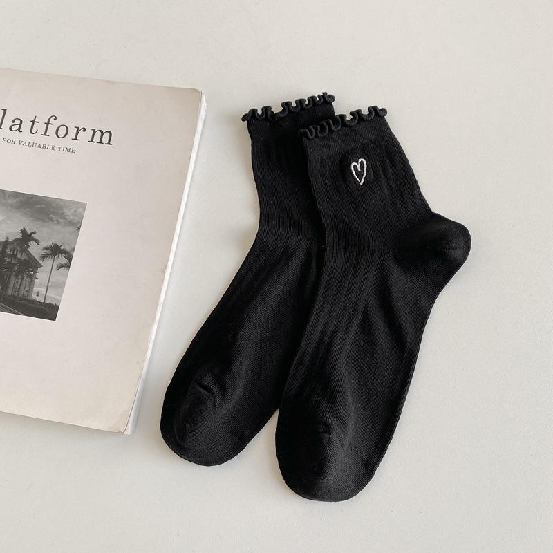 Fungus Edge Love Embroidery Solid Color Vertical Strip Short Socks For Women Versatile Preppy Style Women'S Socks