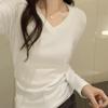 Простой свитер с V-образным вырезом, однотонный, с длинными рукавами, универсальный топ для женщин, осень-зима, новая плиссированная шикарная футболка, модная рубашка