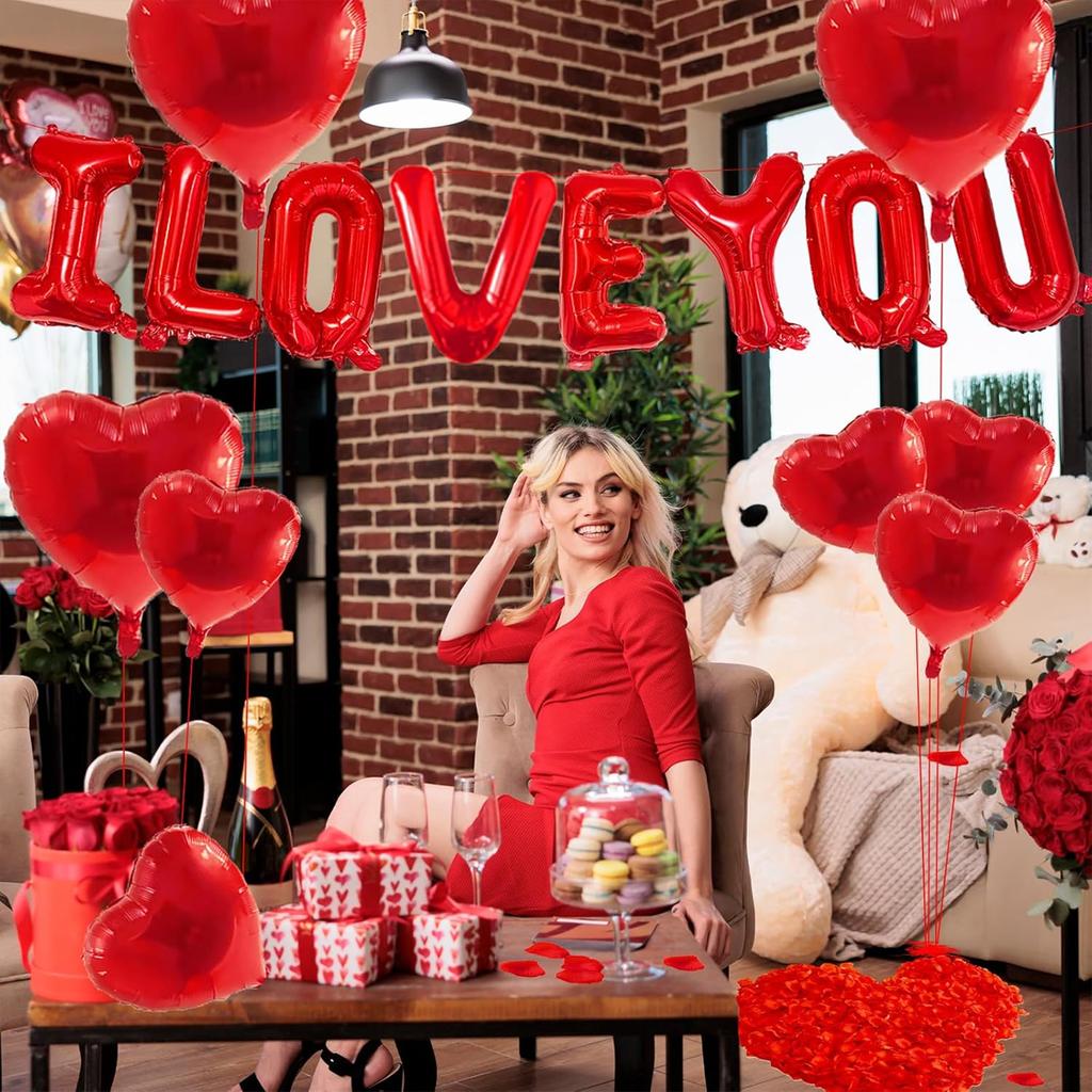 1 комплект красных воздушных шаров в форме сердца с надписью «Я люблю тебя», лепестки роз, романтические вечеринки в честь Дня святого Валентина, предложения руки и сердца, свадьбы, юбилеи