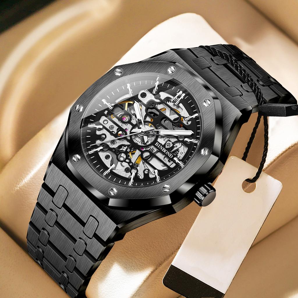 Модные мужские механические часы с большим циферблатом, автоматические, из нержавеющей стали, деловые, для платья, наручные для мужчин