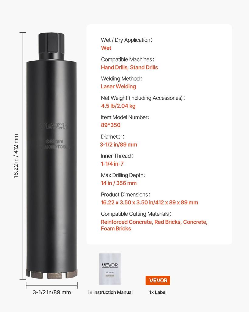 Core Drill Bit, 89 mm Diameter, 356 mm Drilling Depth, 1-1/4 in-7 Internal Thread, High-Precision Welding Technology, Wet Diamond Core Bit for