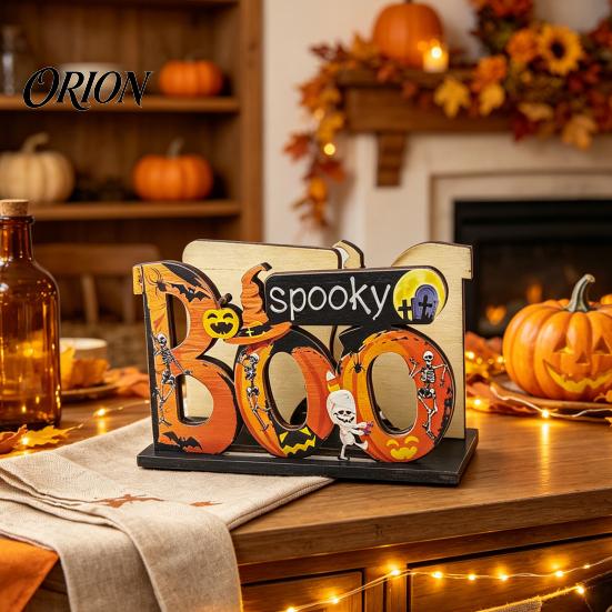 BOO Орнамент для хранения букв Хэллоуин Деревянный держатель для салфеток, Милый пастельный тыква-призрак Черный кот Настольный диспенсер для салфеток, Водонепроницаемый настольный