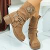 Модные ботинки хаки из искусственной замши для женщин Осень Зима Уличный стиль Декорация ремешком с пряжкой Ботильоны Женские Ботинки на платформе с заклепками Леди