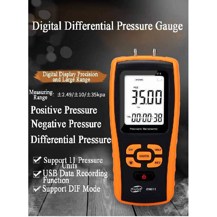 BENETECH GM511 Handheld Digital Pressure Gauge Tester Manometer Differential Pressure Gauge