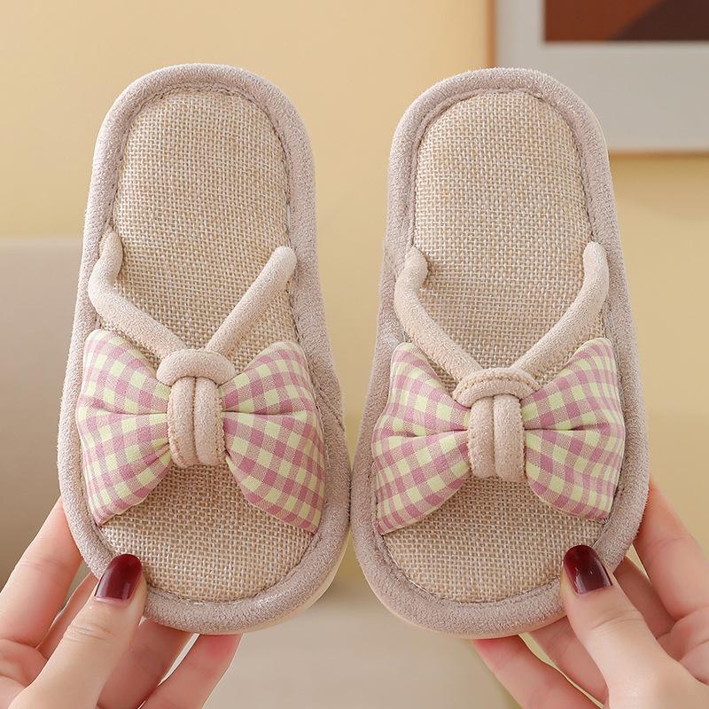 Children's Linen Spring and Autumn Girls Home Non-slip Thick Bottom Four Seasons Household Children Hollow Baby Floor Slippers